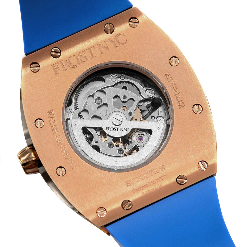 Frost NYC Mens Watch - Automatic Skeleton Rose Sport Watch | FRST-01-RC | Blue