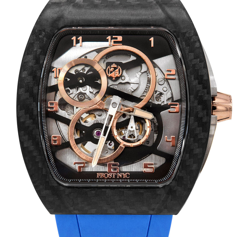 Frost NYC Mens Watch - Automatic Skeleton Carbon Fiber Rose Sport Watch | FRST-01-CFR | Blue
