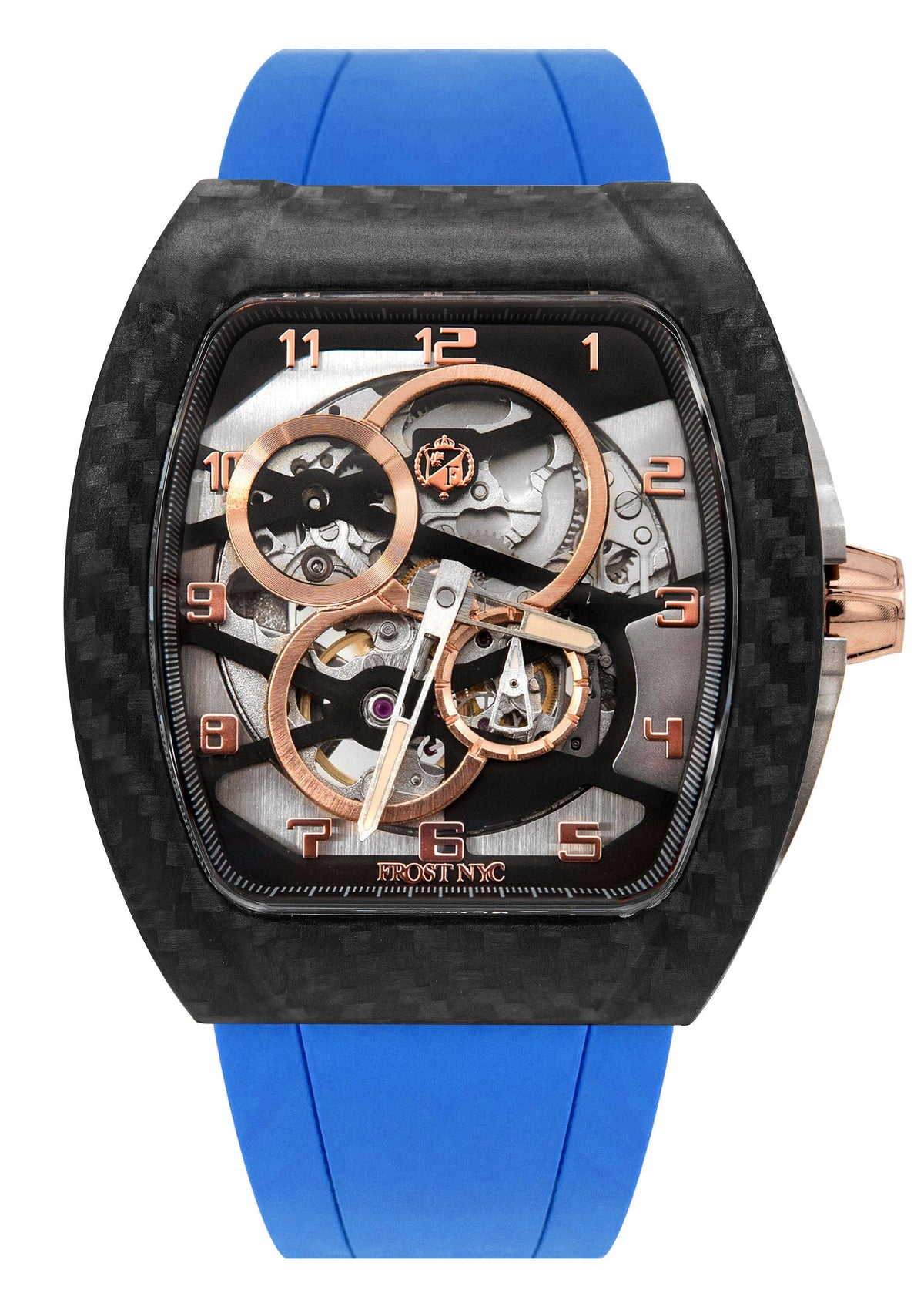 Frost NYC Mens Watch - Automatic Skeleton Carbon Fiber Rose Sport Watch | FRST-01-CFR | Blue