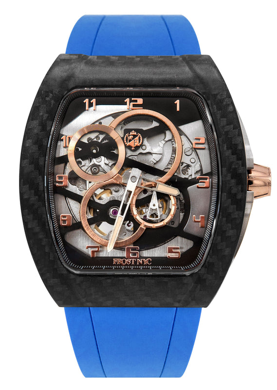 Frost NYC Mens Watch - Automatic Skeleton Carbon Fiber Rose Sport Watch | FRST-01-CFR | Blue