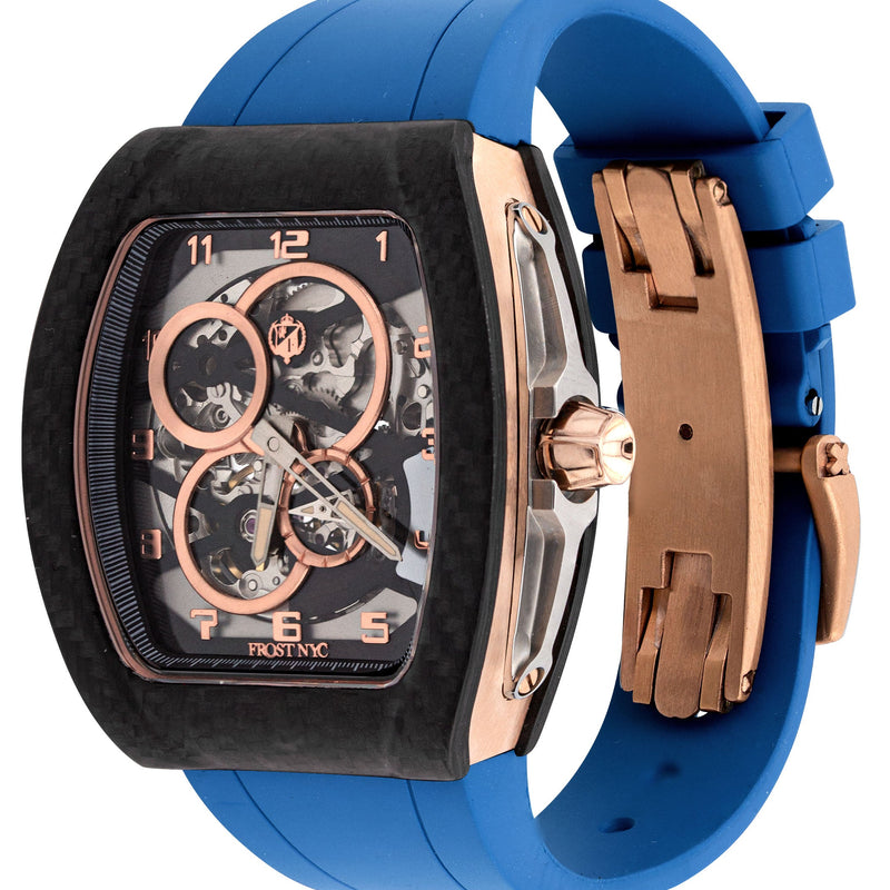 Frost NYC Mens Watch - Automatic Skeleton Carbon Fiber Rose Sport Watch | FRST-01-CFR | Blue