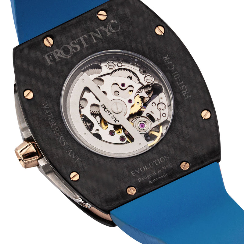 Frost NYC Mens Watch - Automatic Skeleton Carbon Fiber Rose Sport Watch | FRST-01-CFR | Blue