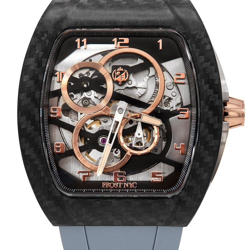 Frost NYC Mens Watch - Automatic Skeleton Carbon Fiber Rose Sport Watch | FRST-01-CFR | Gray