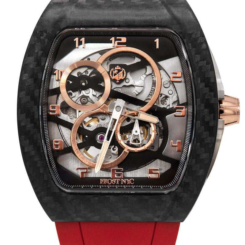 Frost NYC Mens Watch - Automatic Skeleton Carbon Fiber Rose Sport Watch | FRST-01-CFR | Red