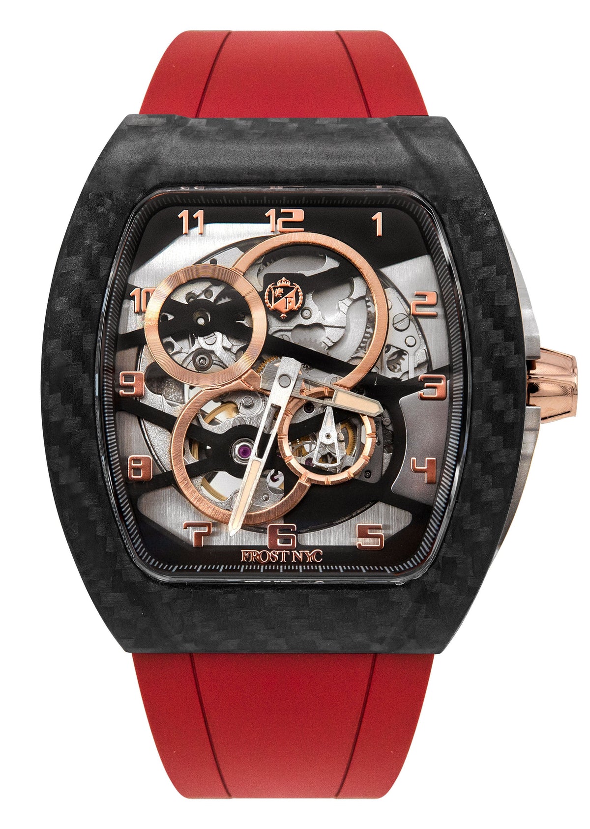 Frost NYC Mens Watch - Automatic Skeleton Carbon Fiber Rose Sport Watch | FRST-01-CFR | Red