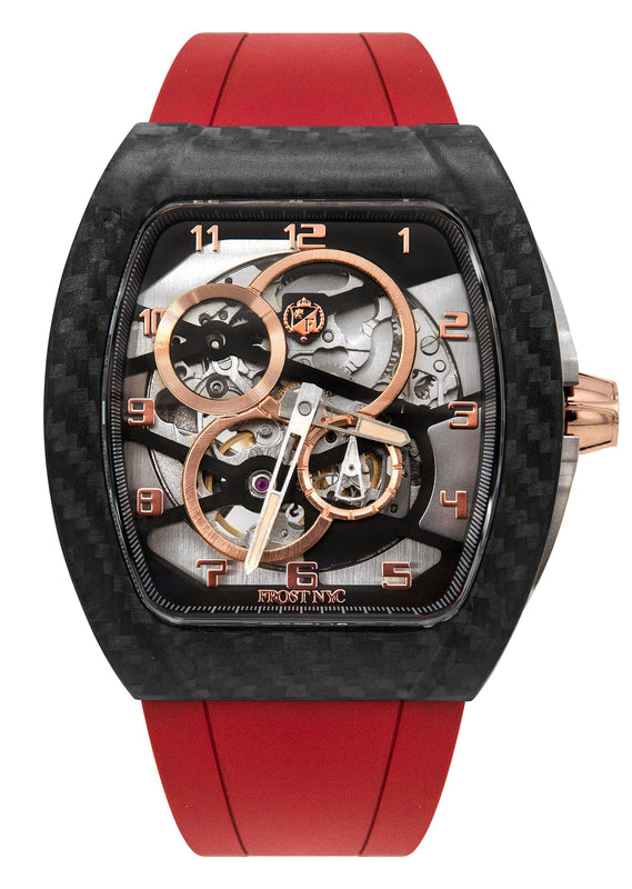 Frost NYC Mens Watch - Automatic Skeleton Carbon Fiber Rose Sport Watch | FRST-01-CFR | Red