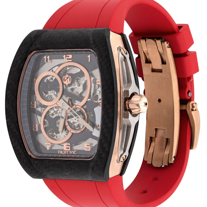 Frost NYC Mens Watch - Automatic Skeleton Carbon Fiber Rose Sport Watch | FRST-01-CFR | Red