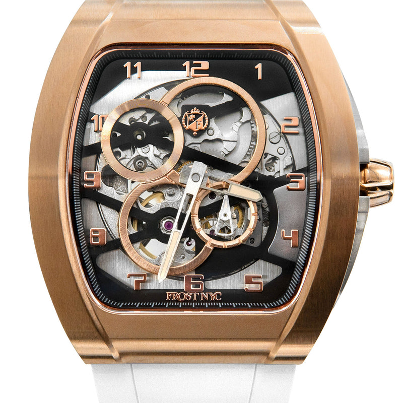 Frost NYC Mens Watch - Automatic Skeleton Rose Sport Watch | FRST-01-RC | White