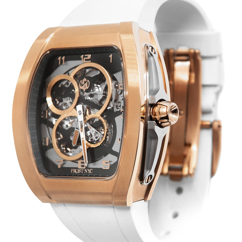 Frost NYC Mens Watch - Automatic Skeleton Rose Sport Watch | FRST-01-RC | White