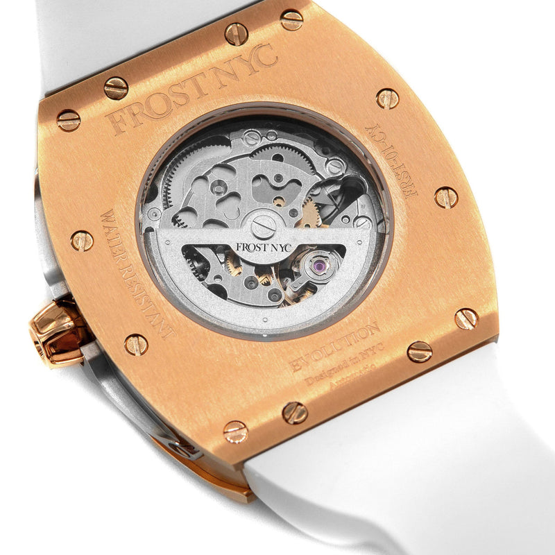 Frost NYC Mens Watch - Automatic Skeleton Rose Sport Watch | FRST-01-RC | White