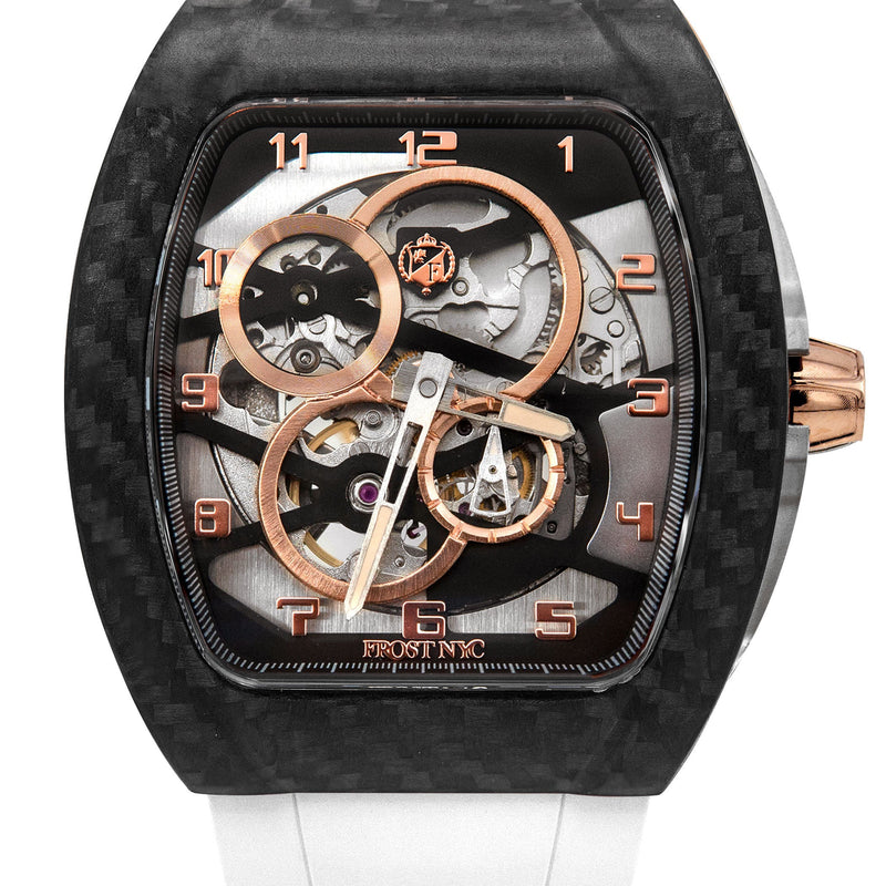 Frost NYC Mens Watch - Automatic Skeleton Carbon Fiber Rose Sport Watch | FRST-01-CFR | White