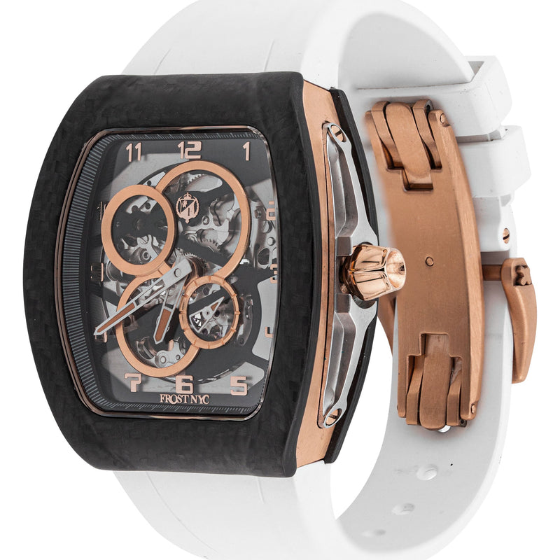 Frost NYC Mens Watch - Automatic Skeleton Carbon Fiber Rose Sport Watch | FRST-01-CFR | White