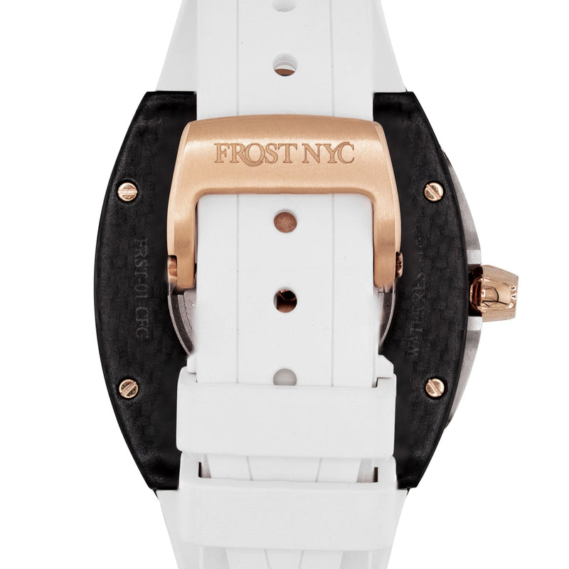 Frost NYC Mens Watch - Automatic Skeleton Carbon Fiber Rose Sport Watch | FRST-01-CFR | White