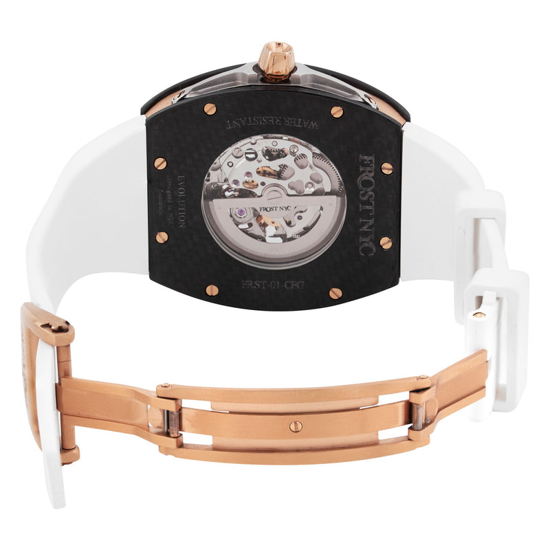 Frost NYC Mens Watch - Automatic Skeleton Carbon Fiber Rose Sport Watch | FRST-01-CFR | White