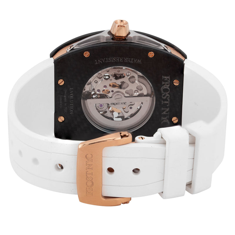 Frost NYC Mens Watch - Automatic Skeleton Carbon Fiber Rose Sport Watch | FRST-01-CFR | White