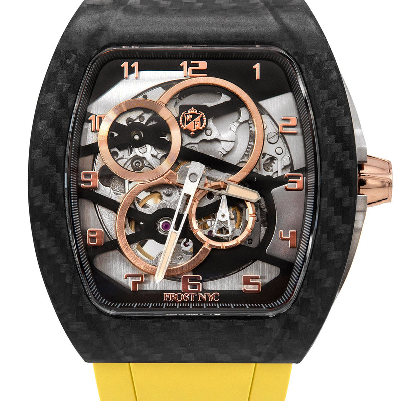 Frost NYC Mens Watch - Automatic Skeleton Carbon Fiber Rose Sport Watch | FRST-01-CFR | Yellow