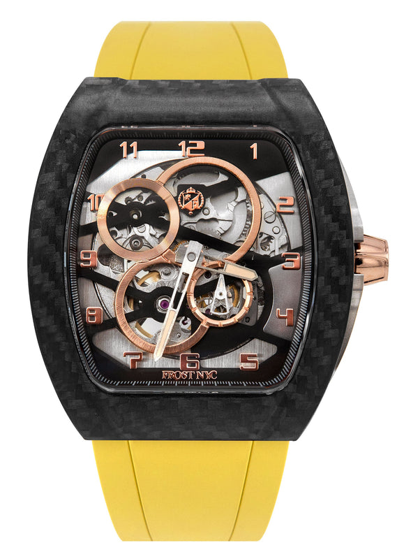 Frost NYC Mens Watch - Automatic Skeleton Carbon Fiber Rose Sport Watch | FRST-01-CFR | Yellow