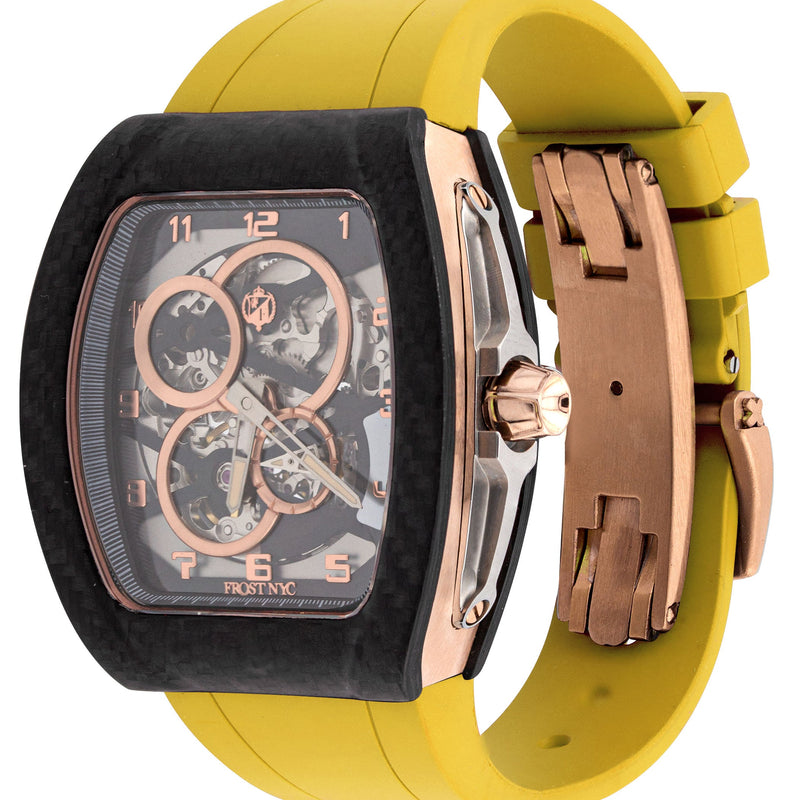 Frost NYC Mens Watch - Automatic Skeleton Carbon Fiber Rose Sport Watch | FRST-01-CFR | Yellow