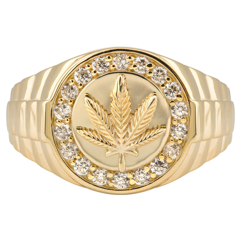 10K Gold Cz Marijuana Leaf Ring For Men | 2.6 Grams