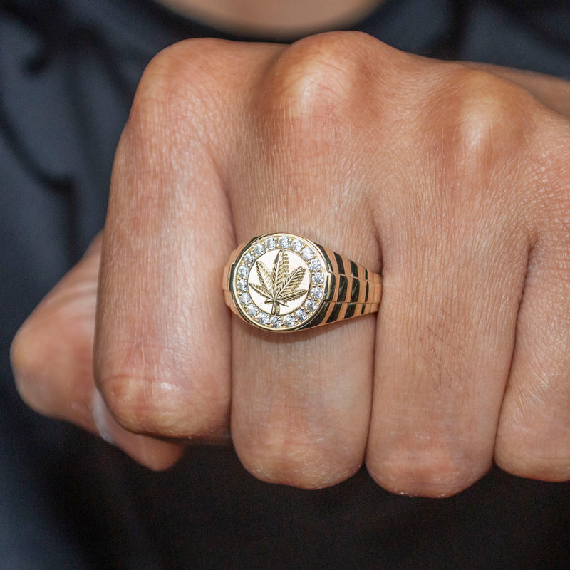 10K Gold Cz Marijuana Leaf Ring For Men | 2.6 Grams