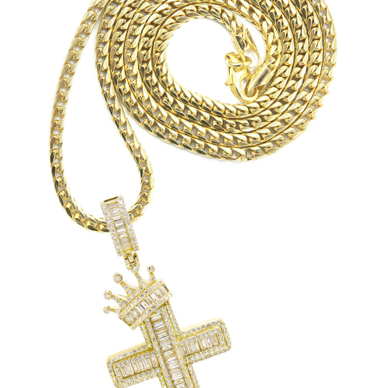 Silver Necklace - Gold Crown Cross Baguette Necklace  | 23.9 Grams