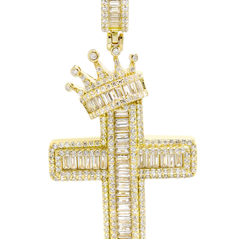 Silver Pendant - Gold Crown Cross Baguette Pendant | Appx 9.5 Grams