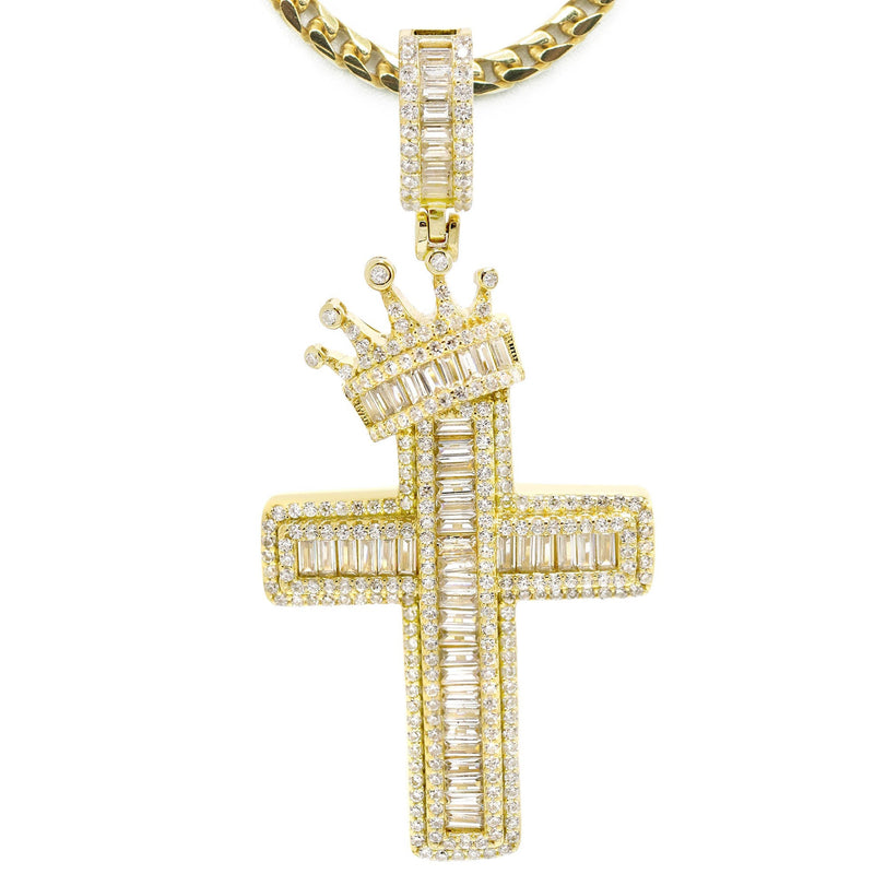 Silver Necklace - Gold Crown Cross Baguette Necklace  | 23.9 Grams