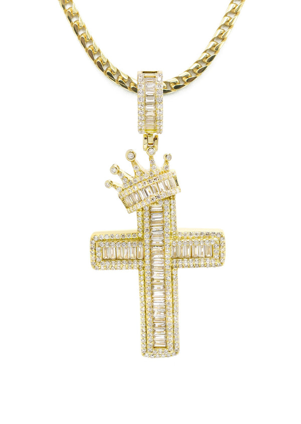 Silver Necklace - Gold Crown Cross Baguette Necklace  | 23.9 Grams