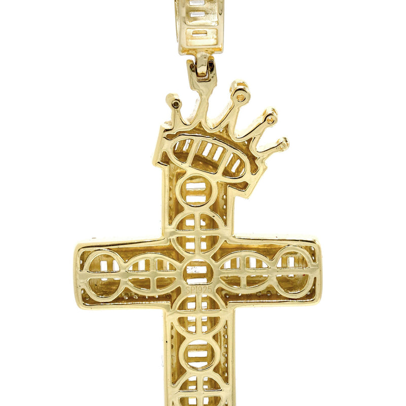 Silver Pendant - Gold Crown Cross Baguette Pendant | Appx 9.5 Grams