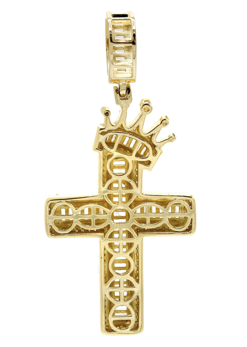 Silver Pendant - Gold Crown Cross Baguette Pendant | Appx 9.5 Grams