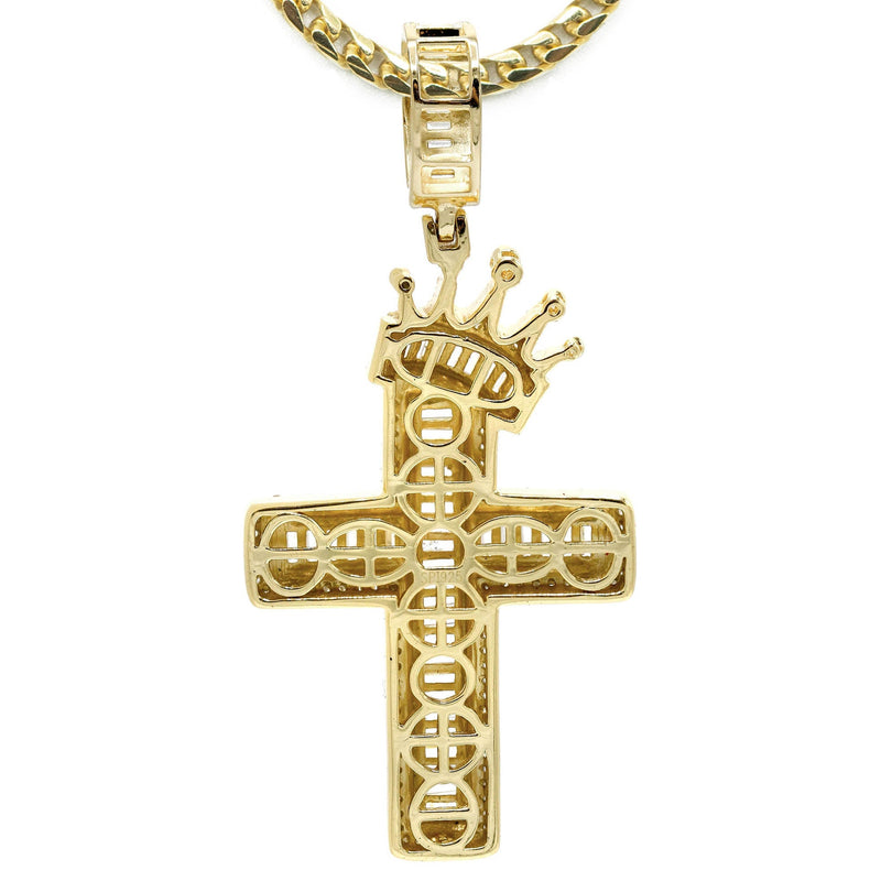 Silver Necklace - Gold Crown Cross Baguette Necklace  | 23.9 Grams