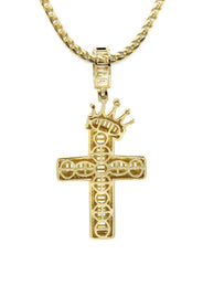Silver Necklace - Gold Crown Cross Baguette Necklace  | 23.9 Grams