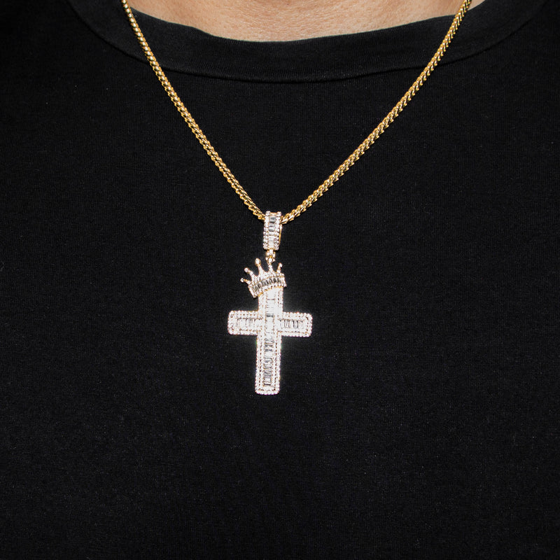 Silver Necklace - Gold Crown Cross Baguette Necklace  | 23.9 Grams