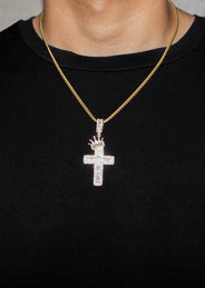 Silver Necklace - Gold Crown Cross Baguette Necklace  | 23.9 Grams