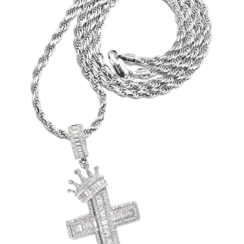 Silver Crown Cross Baguette Necklace | 33 Grams