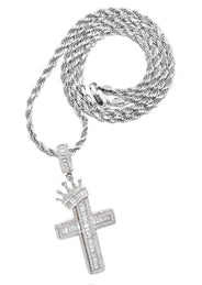 Silver Crown Cross Baguette Necklace | 33 Grams