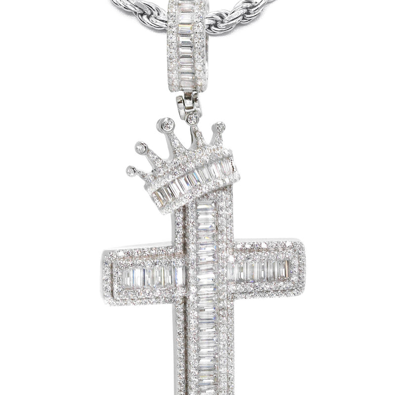 Silver Crown Cross Baguette Necklace | 33 Grams