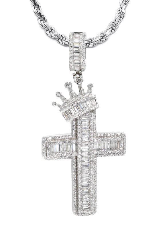 Silver Crown Cross Baguette Necklace | 33 Grams