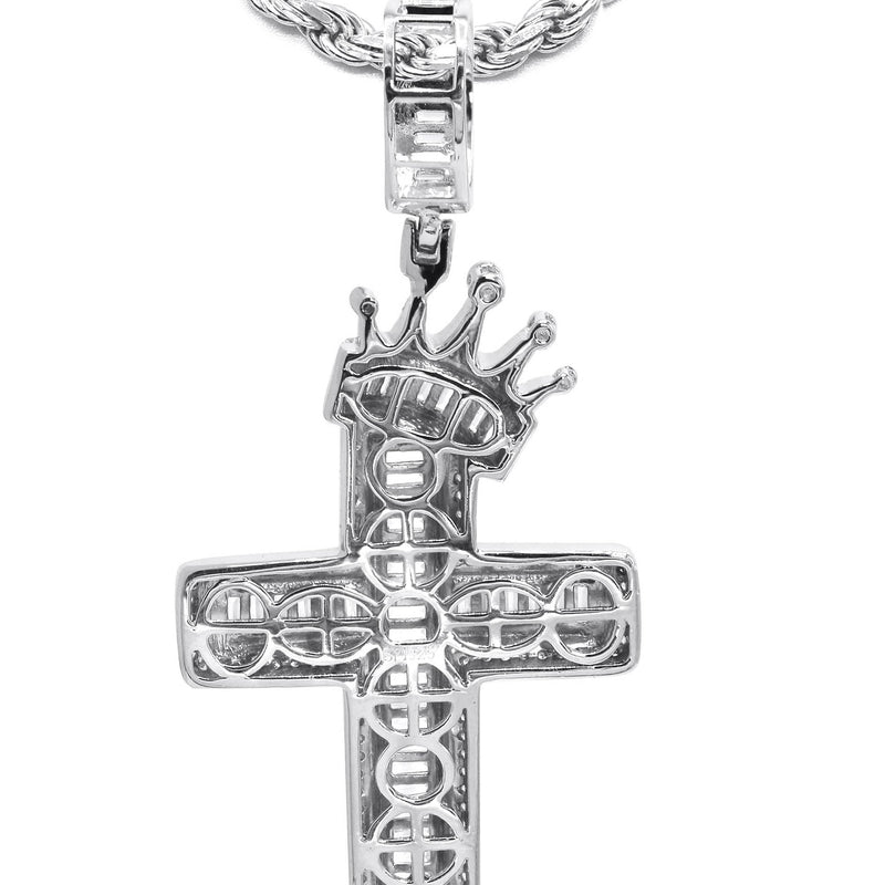 Silver Crown Cross Baguette Necklace | 33 Grams