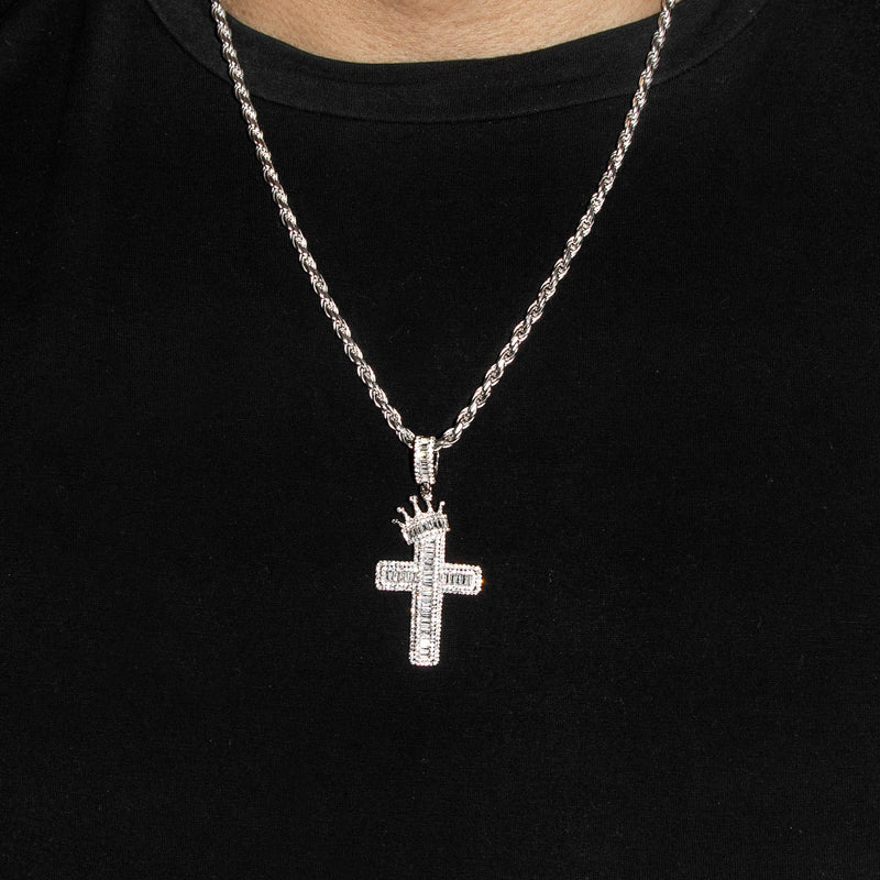 Silver Crown Cross Baguette Necklace | 33 Grams