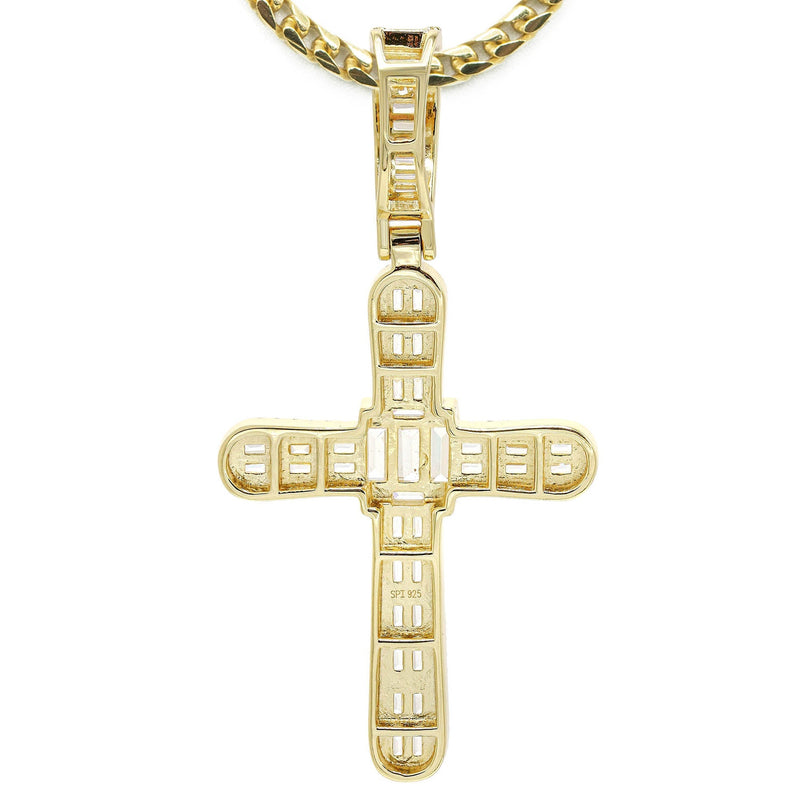 Silver Necklace - Gold Cross Baguette Necklace | 25.4 Grams