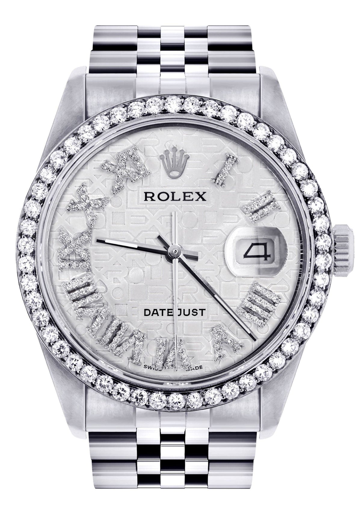 Diamond Mens Rolex Datejust Watch 16200 | 36Mm | Diamond Rolex Textured Roman Numeral Dial | Jubilee Band
