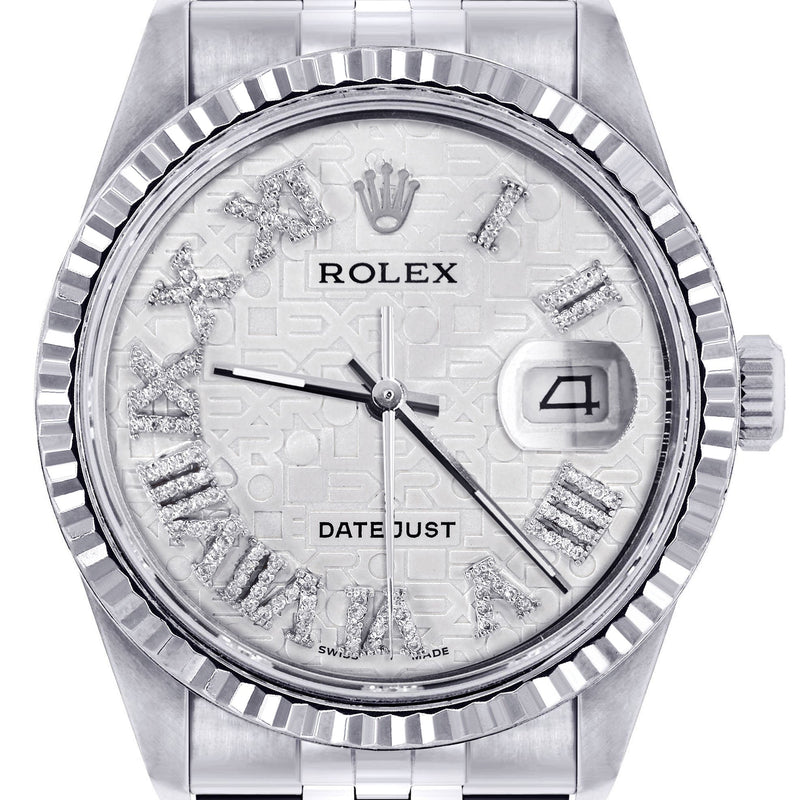 Womens Rolex Datejust Watch 16200  | 36Mm | White Textured Roman Numeral Dial | Fluted Bezel | Jubilee Band