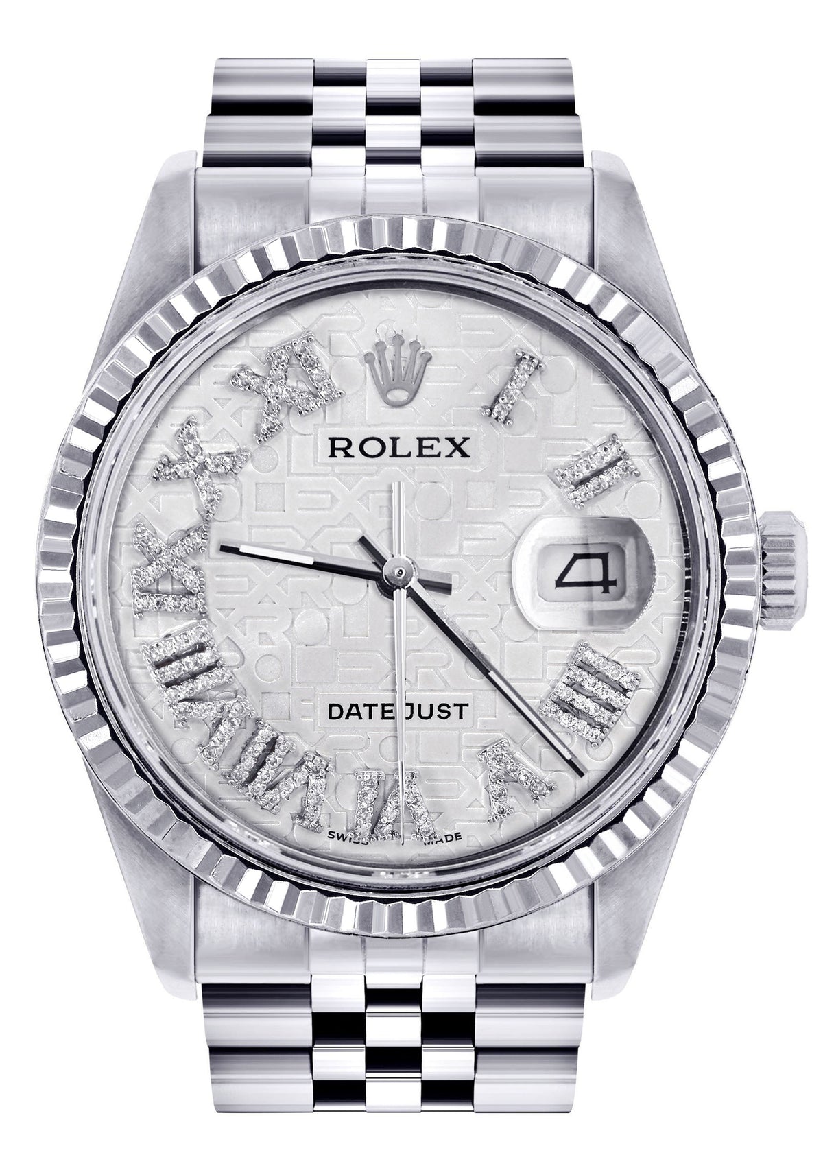 Womens Rolex Datejust Watch 16200  | 36Mm | White Textured Roman Numeral Dial | Fluted Bezel | Jubilee Band