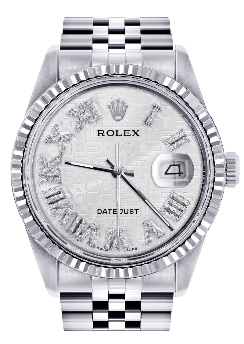 Womens Rolex Datejust Watch 16200  | 36Mm | White Textured Roman Numeral Dial | Fluted Bezel | Jubilee Band