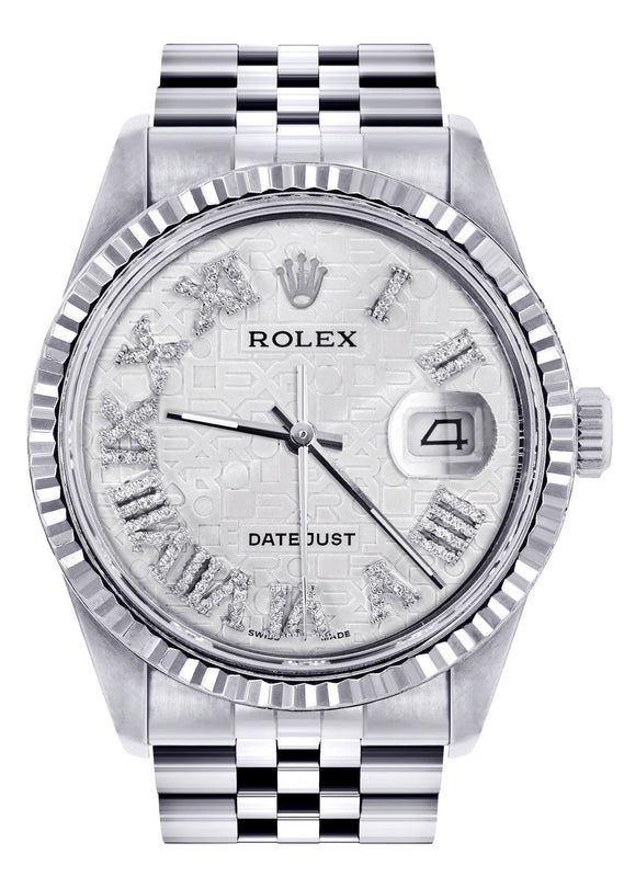 Womens Rolex Datejust Watch 16200  | 36Mm | White Textured Roman Numeral Dial | Fluted Bezel | Jubilee Band
