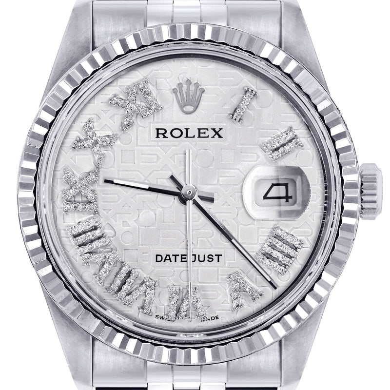 Mens Rolex Datejust Watch 16200 | Fluted Bezel | 36Mm | White Textured Roman Numeral Dial | Jubilee Band