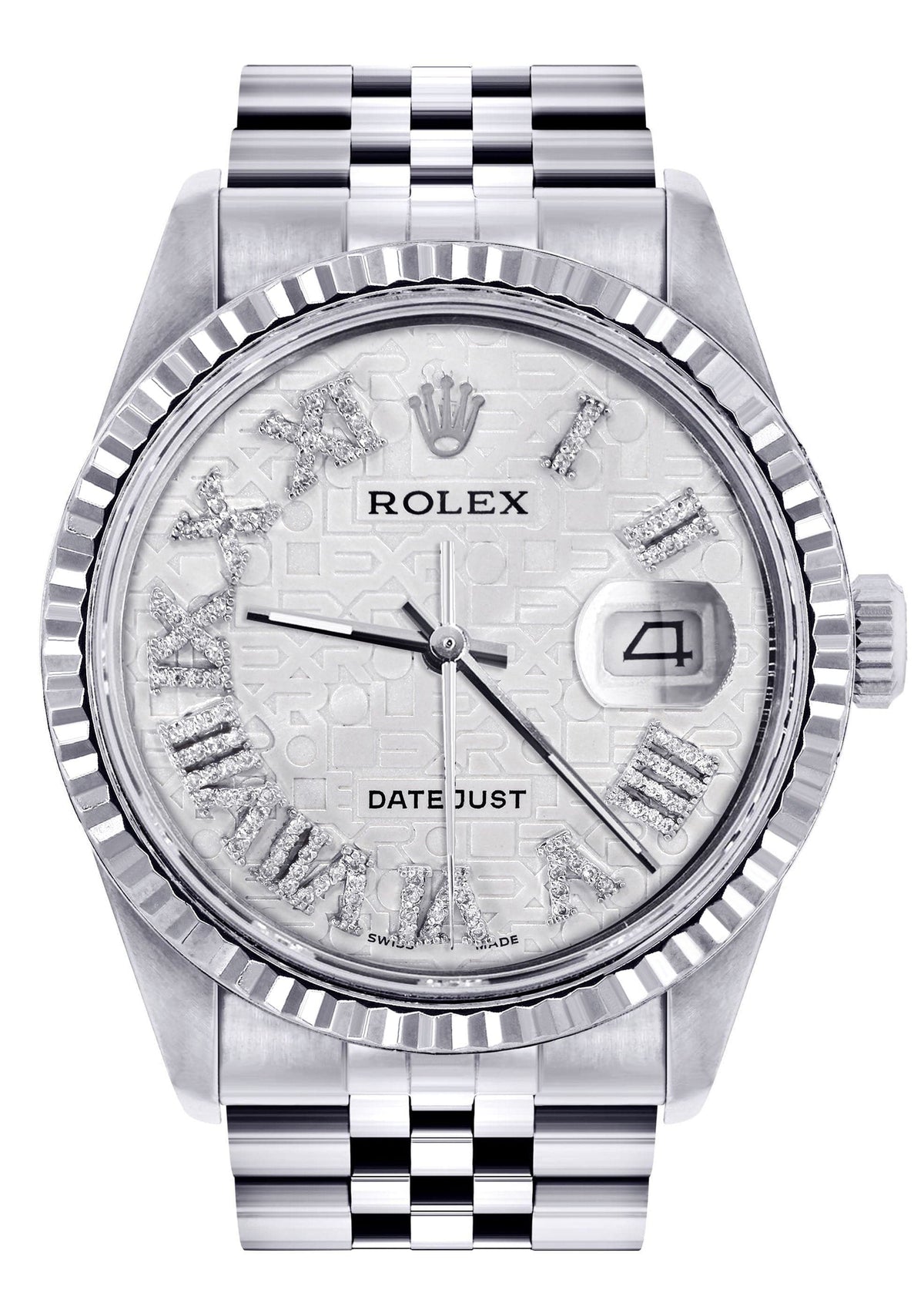 Mens Rolex Datejust Watch 16200 | Fluted Bezel | 36Mm | White Textured Roman Numeral Dial | Jubilee Band
