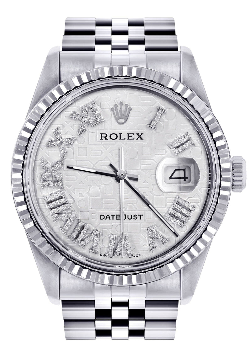 Mens Rolex Datejust Watch 16200 | Fluted Bezel | 36Mm | White Textured Roman Numeral Dial | Jubilee Band