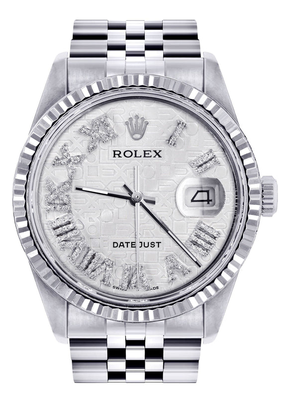 Mens Rolex Datejust Watch 16200 | Fluted Bezel | 36Mm | White Textured Roman Numeral Dial | Jubilee Band